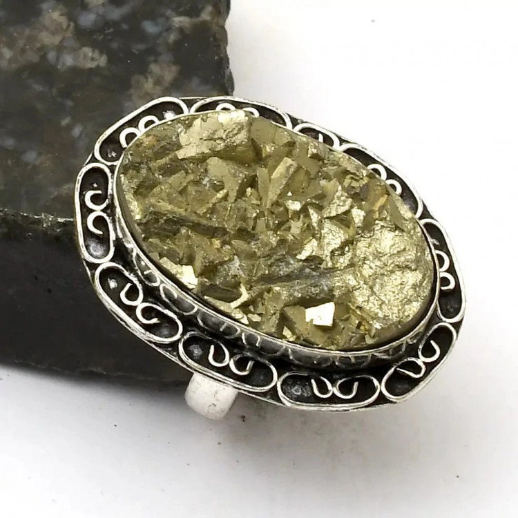 Кольцо с камнем друза пирита, 17.5 размер AR-93186
